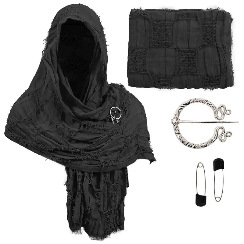 Distressed Post-Apocalyptic Desert Scarf Shawl - Faux Tattered Cloak Wrap & Head Cover for Wasteland Cosplay, Medieval LARP, and Ruins-Themed Events.