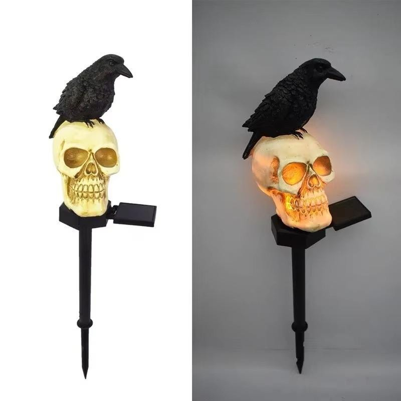 ☠️ Crow Skull Solar Garden Stake Light | Halloween Outdoor Gothic Landscape Decor Lamp