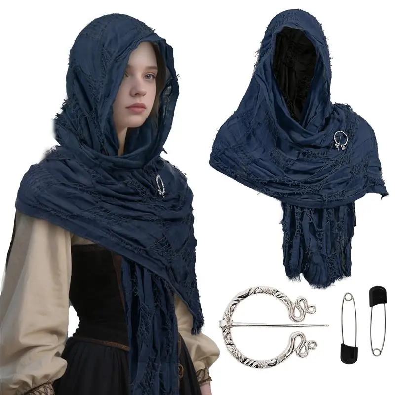 Distressed Post-Apocalyptic Desert Scarf Shawl - Faux Tattered Cloak Wrap & Head Cover for Wasteland Cosplay, Medieval LARP, and Ruins-Themed Events.