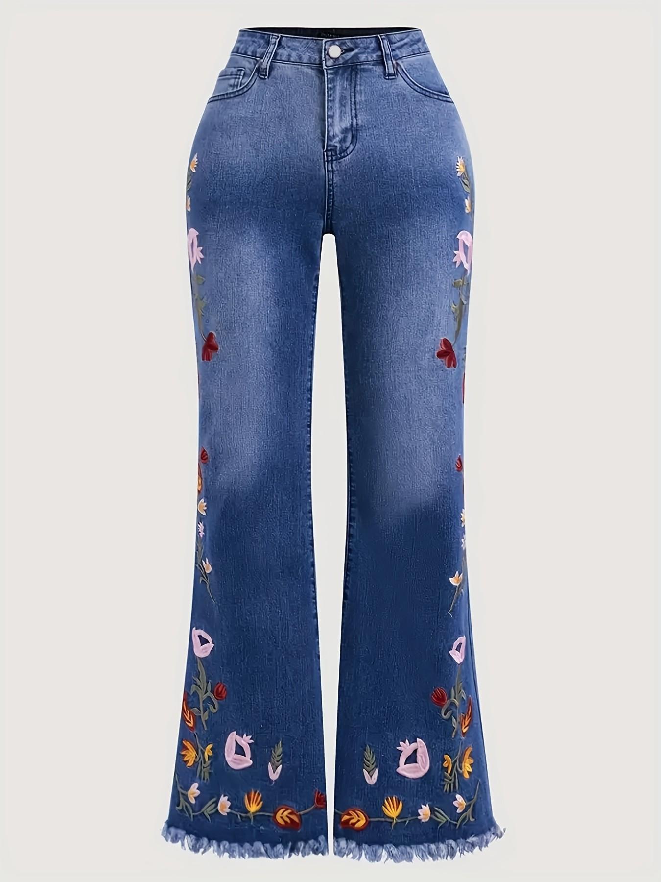 Floral Embroidered Flare Jeans, Casual Versatile Denim Jeans, Slim-Fitting Design, Plain Pattern, Perfect for Everyday Wear, Womenswear, Pants, Bottom Floral Embroidered Flare Jeans, Casual Versatile Denim Jeans, Slim-Fitting Design, Plain Pattern, Perfect for Everyday Wear, Womenswear, Pants, Bottom