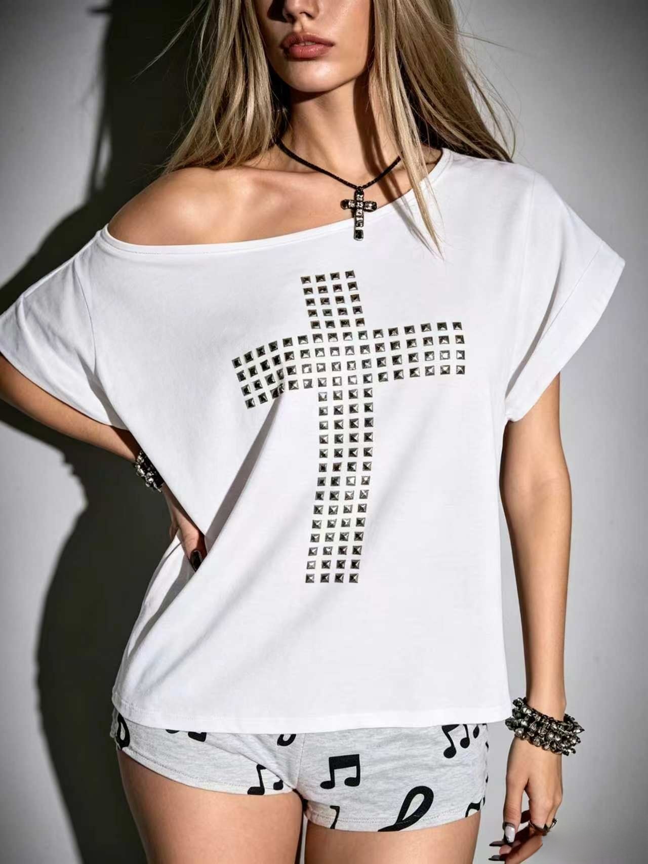 🖤 Gothic Punk Studded Cross Slash-Back T-Shirt