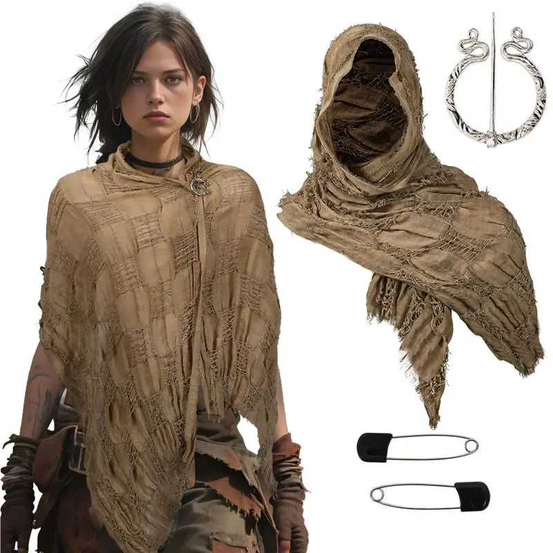 Distressed Post-Apocalyptic Desert Scarf Shawl - Faux Tattered Cloak Wrap & Head Cover for Wasteland Cosplay, Medieval LARP, and Ruins-Themed Events.