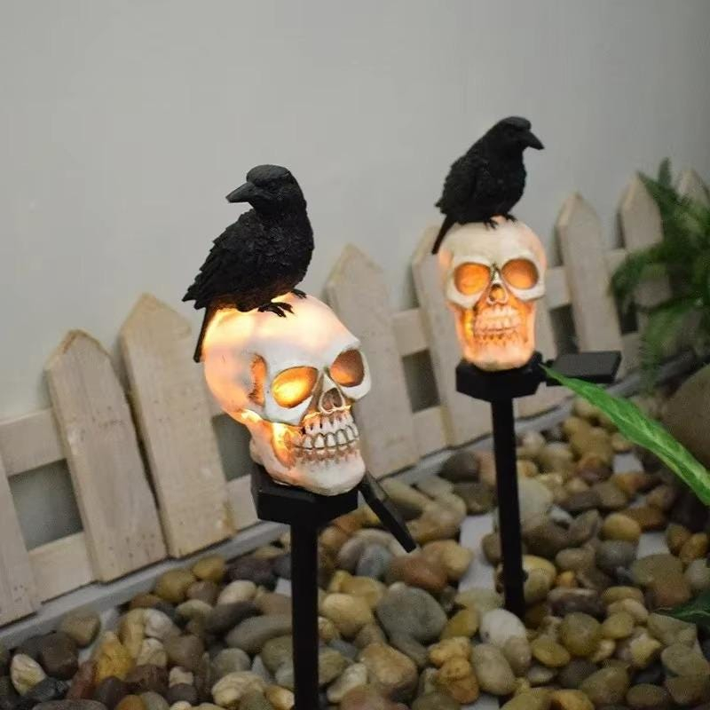☠️ Crow Skull Solar Garden Stake Light | Halloween Outdoor Gothic Landscape Decor Lamp