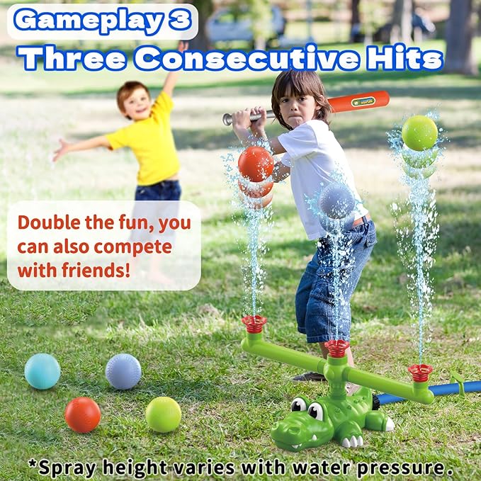 4-in-1 Kids Water Sprinkler T Ball Set – Adjustable Splash Zone & Water Gun Target – Crocodile Baseball Sprinkler for Backyard Summer Outdoor Toys