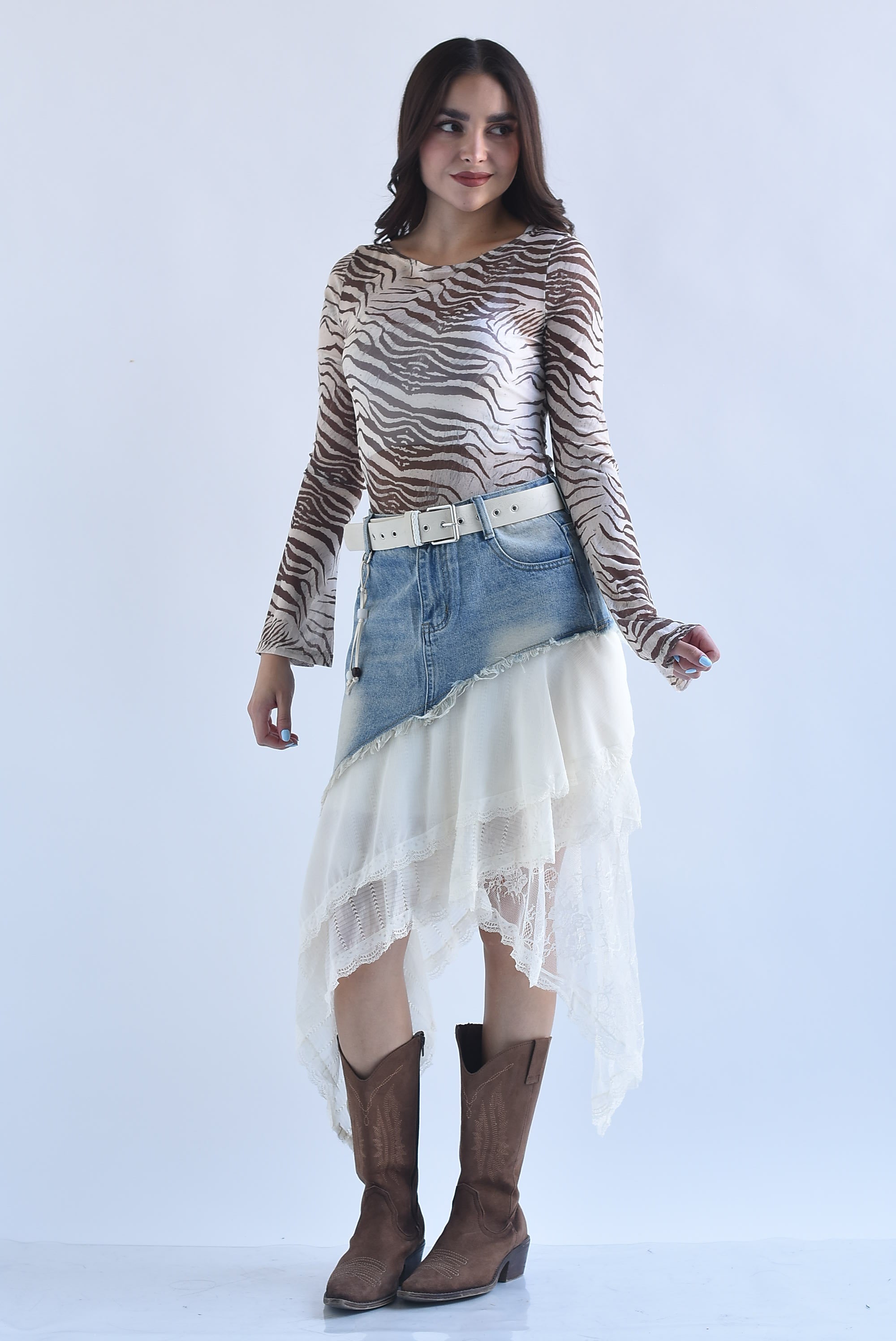 Asymmetrical Skirt: Denim, Chiffon, and Lace