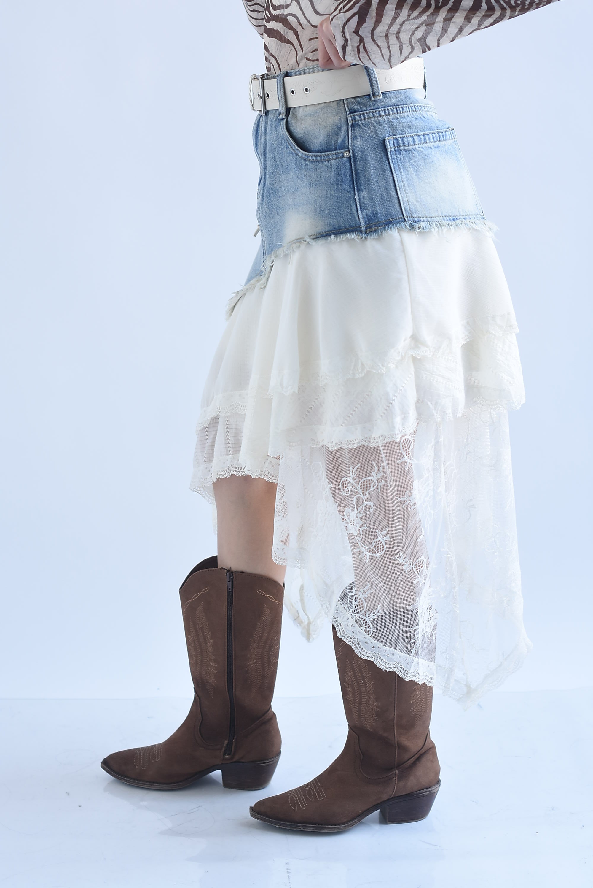 Asymmetrical Skirt: Denim, Chiffon, and Lace