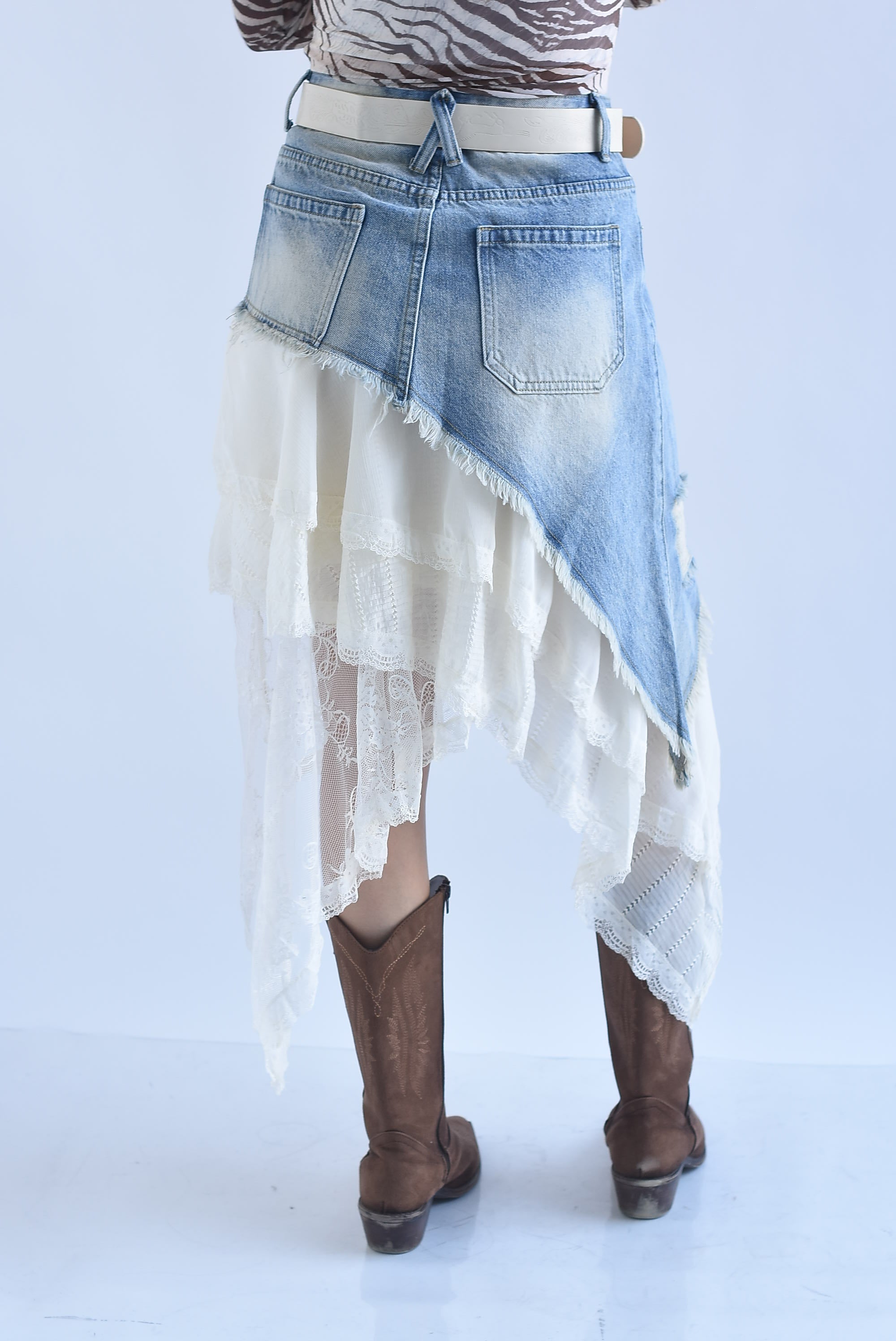 Asymmetrical Skirt: Denim, Chiffon, and Lace