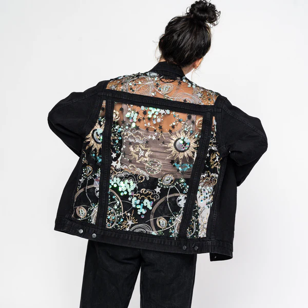 ✨ Celestial Sequin Embroidered Black Denim Jacket