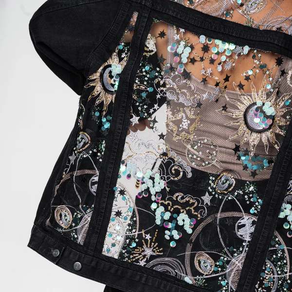 ✨ Celestial Sequin Embroidered Black Denim Jacket
