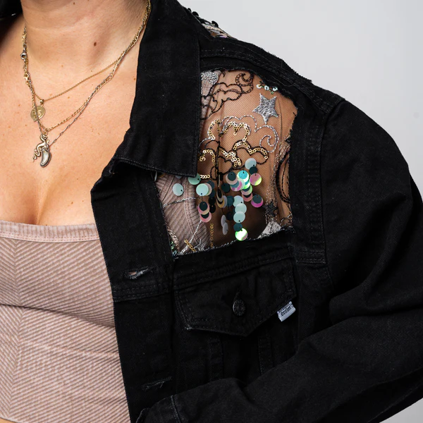 ✨ Celestial Sequin Embroidered Black Denim Jacket
