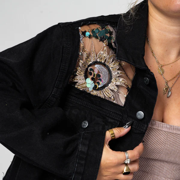 ✨ Celestial Sequin Embroidered Black Denim Jacket