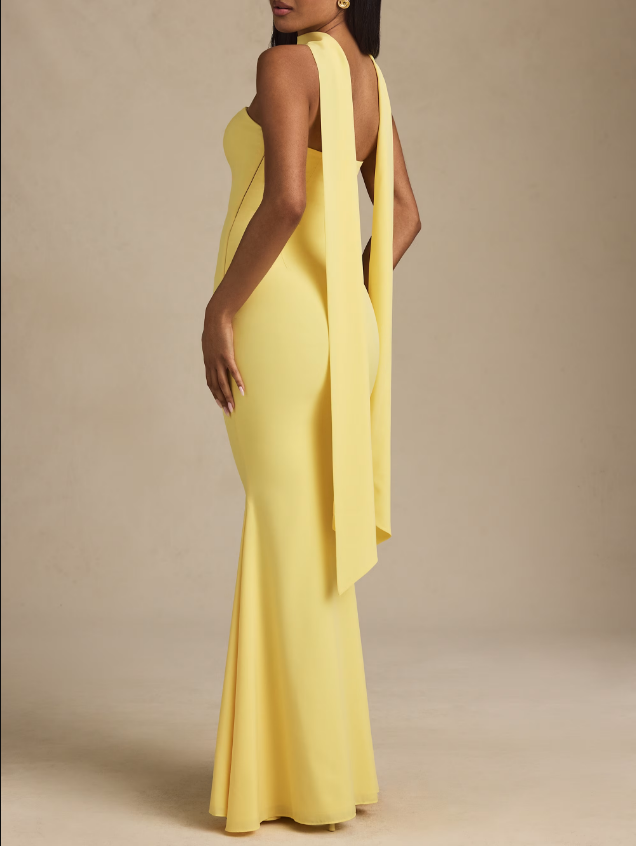 Elegant Strapless Fitted Long Gown with Scarf