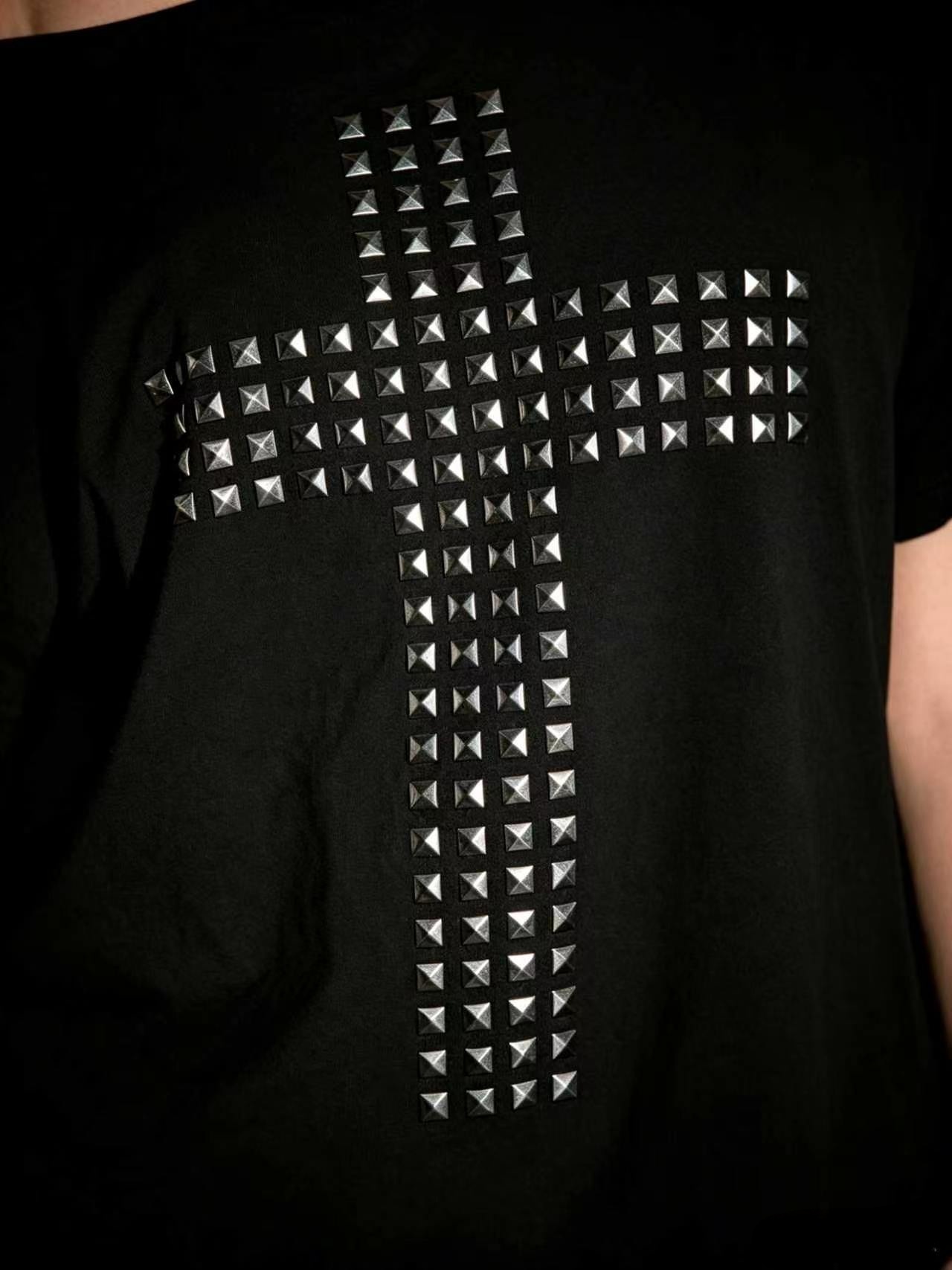 🖤 Gothic Punk Studded Cross Slash-Back T-Shirt