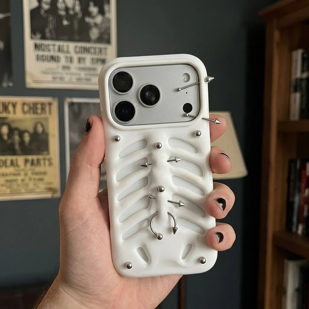 🖤 3D Skeleton Rib Cage Phone Case with Piercing Details