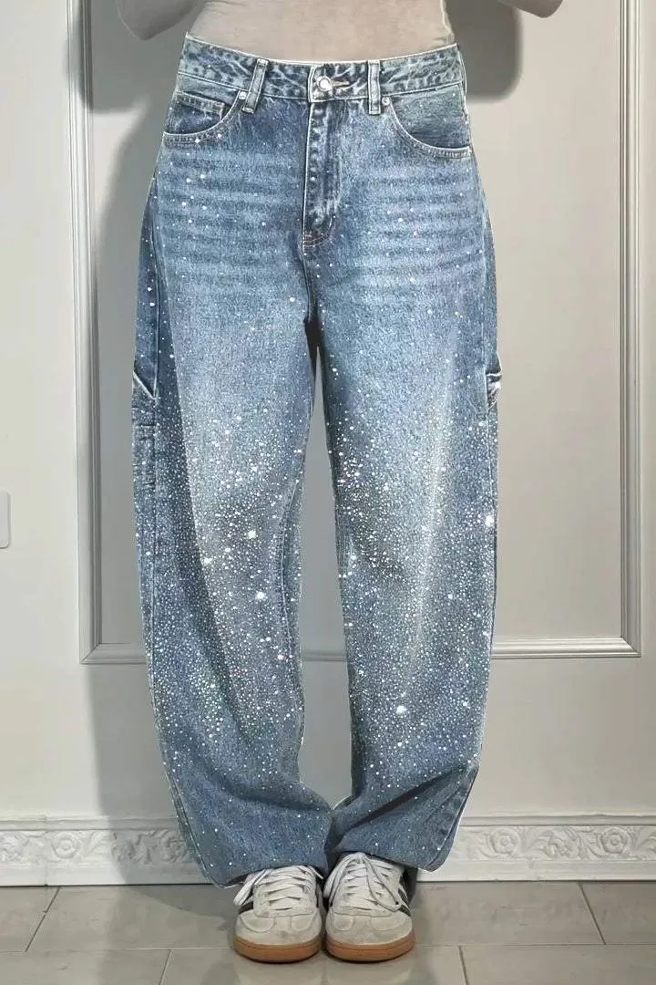Women's Casual Rhinestone Loose Harem Jeans, Women's Casual Rhinestone Loose Jeans, Wide Leg Sparkly Jeans with Pocket