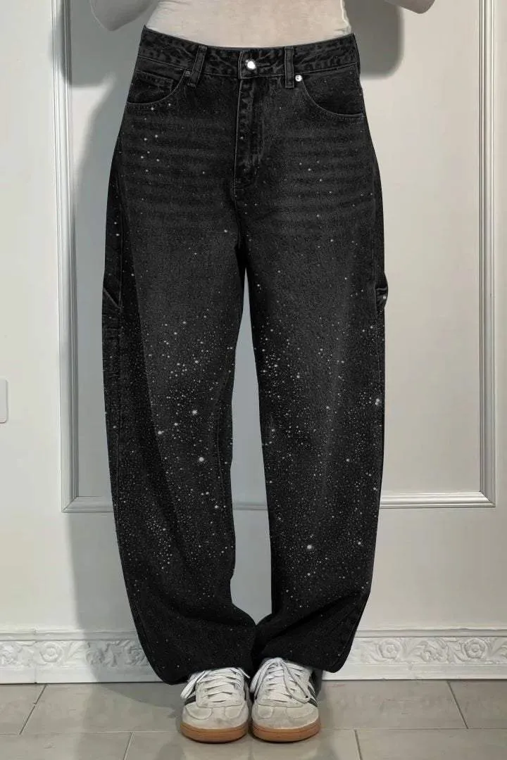Women's Casual Rhinestone Loose Harem Jeans, Women's Casual Rhinestone Loose Jeans, Wide Leg Sparkly Jeans with Pocket