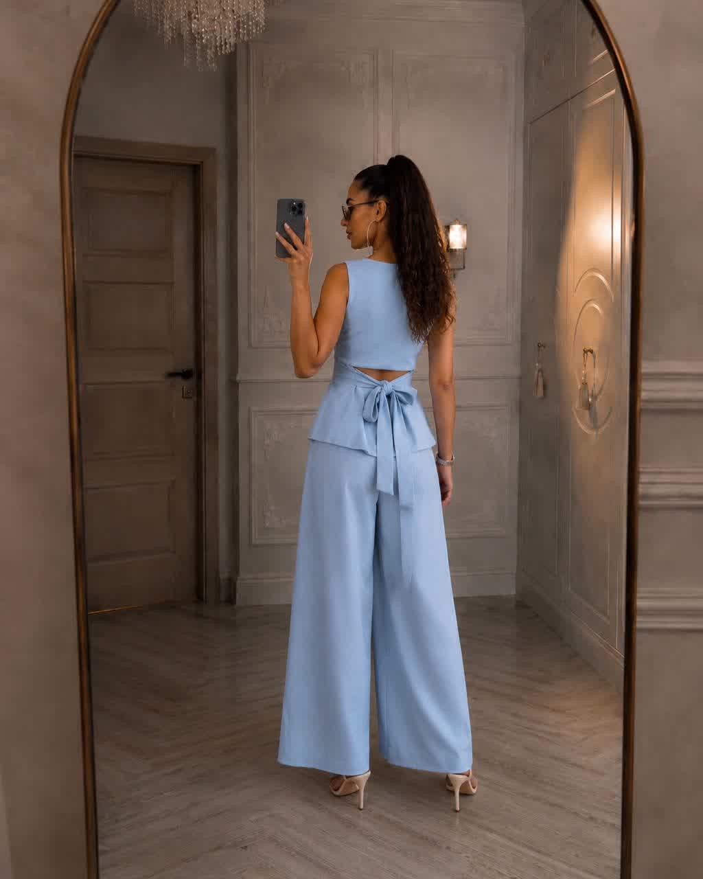 👗 Bow Back Peplum Two-Piece Wide Leg Pants Set