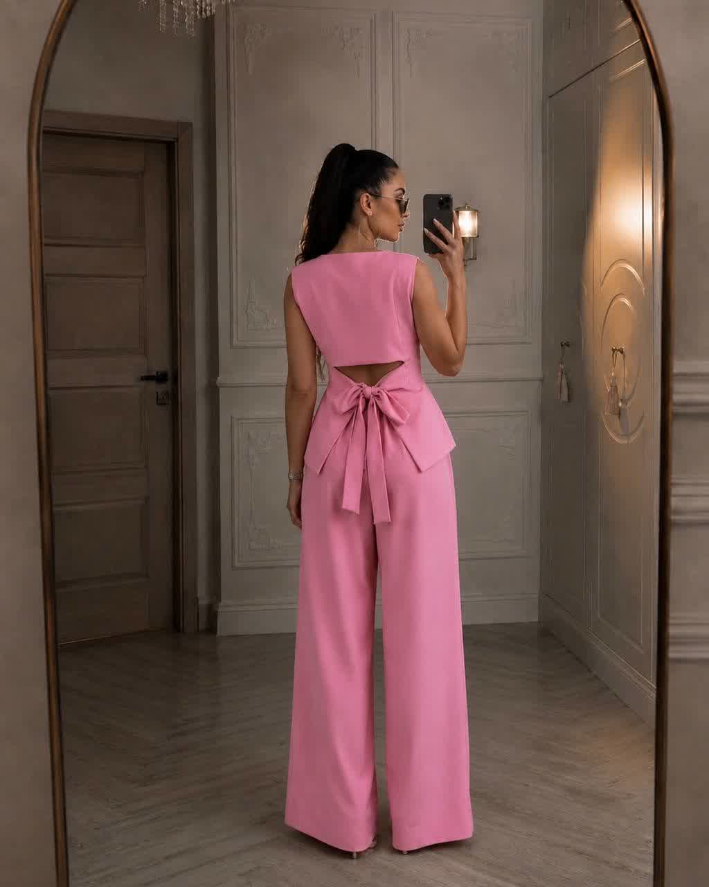 👗 Bow Back Peplum Two-Piece Wide Leg Pants Set