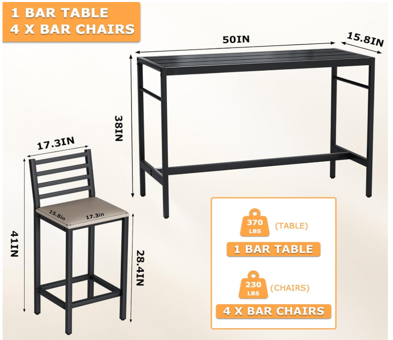 5 Piece Outdoor Patio Bar Set, 54.7" Rectangular Counter Height High Top Bar Tables