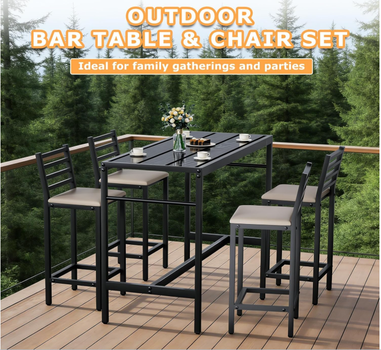 5 Piece Outdoor Patio Bar Set, 54.7" Rectangular Counter Height High Top Bar Tables