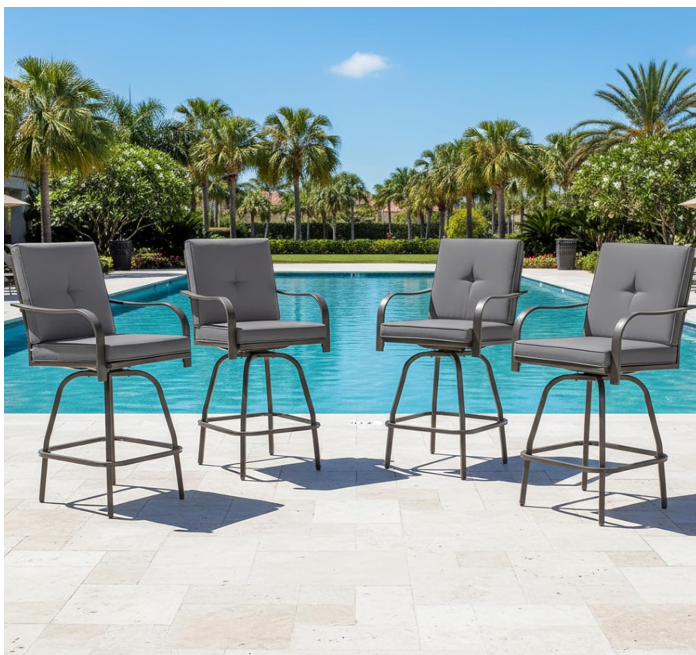 Bar Stools Set of 4, Outdoor Bar Height Swivel Chairs with Cushions for Garden Balcony Backyard, Grey