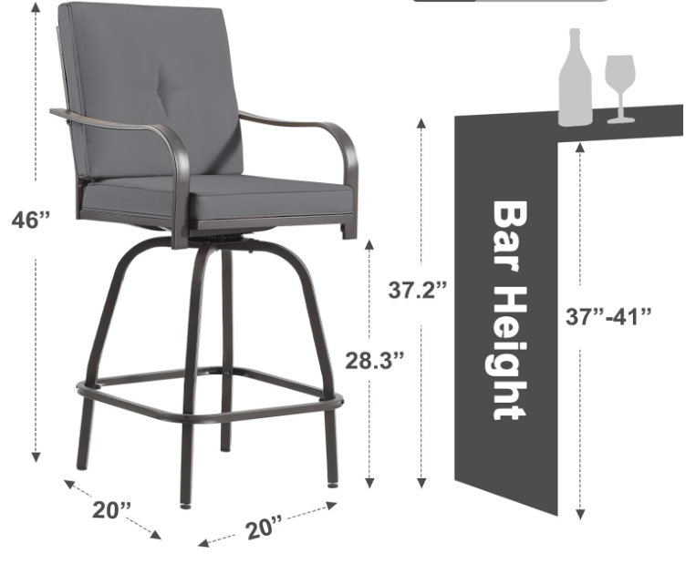 Bar Stools Set of 4, Outdoor Bar Height Swivel Chairs with Cushions for Garden Balcony Backyard, Grey