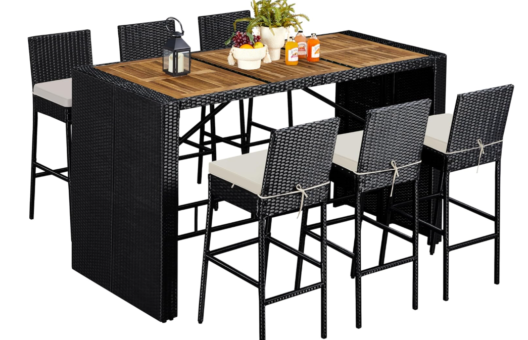 7 Piece Patio Dining Set Outdoor Acacia Wood Bar Table and Chairs with Removable Cushions, Wicker Furniture Set for Deck, Backyard, Garden, Black/Beige