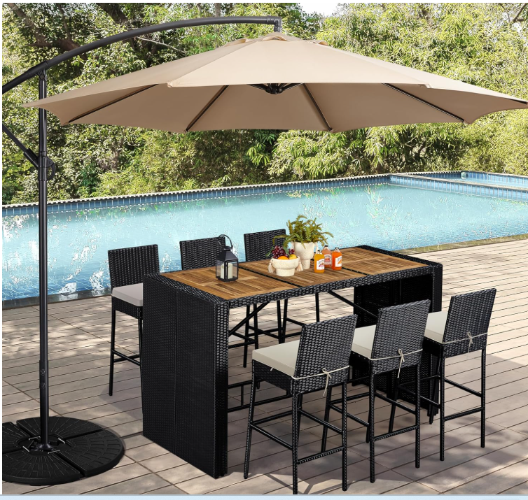 7 Piece Patio Dining Set Outdoor Acacia Wood Bar Table and Chairs with Removable Cushions, Wicker Furniture Set for Deck, Backyard, Garden, Black/Beige
