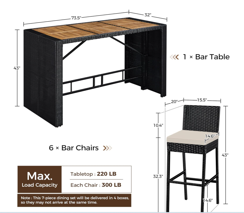 7 Piece Patio Dining Set Outdoor Acacia Wood Bar Table and Chairs with Removable Cushions, Wicker Furniture Set for Deck, Backyard, Garden, Black/Beige