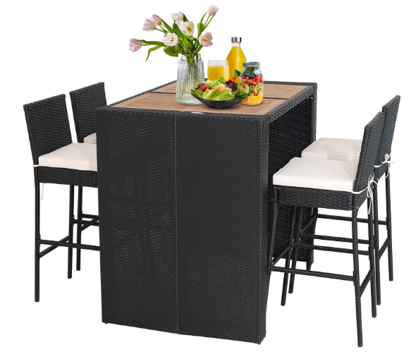 5 Piece Patio Wicker Bar Set, Patiojoy Outdoor Acacia Wood Bar Height Table & 4 Rattan Bar Stool Chairs with Backrest and Footrest