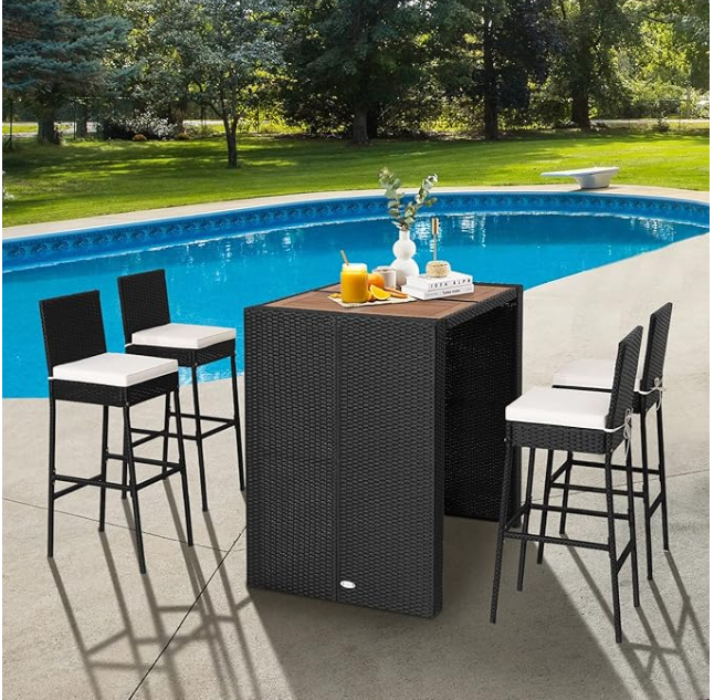 5 Piece Patio Wicker Bar Set, Patiojoy Outdoor Acacia Wood Bar Height Table & 4 Rattan Bar Stool Chairs with Backrest and Footrest