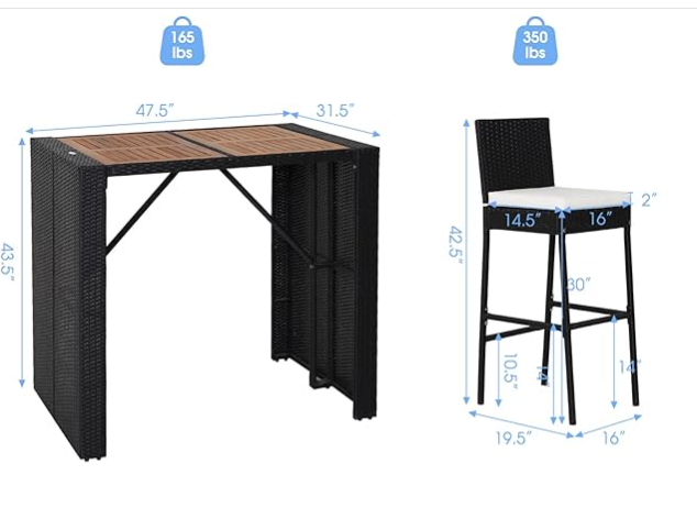 5 Piece Patio Wicker Bar Set, Patiojoy Outdoor Acacia Wood Bar Height Table & 4 Rattan Bar Stool Chairs with Backrest and Footrest