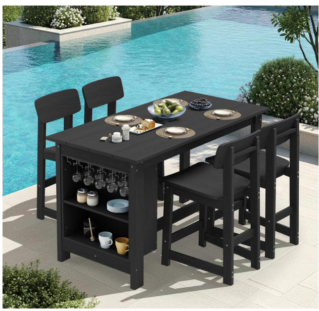 Outdoor Bar Table and Chairs Set, 5-Piece HDPE Counter Height Patio Dining Sets with Storage and Wine Rack, Rectangular High Top Bar Table with 4