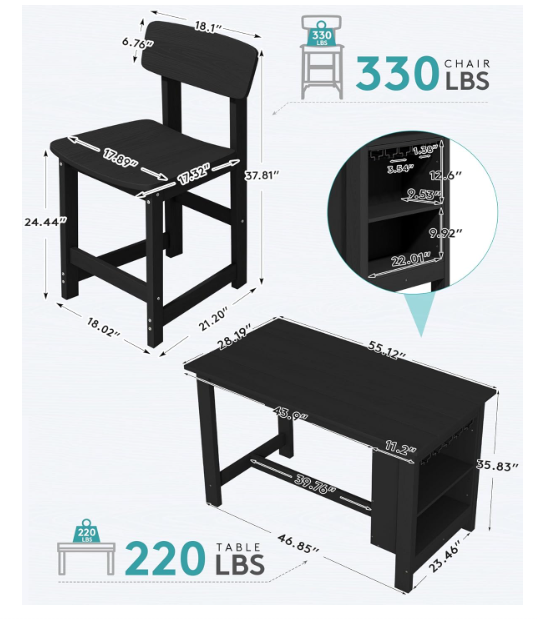 Outdoor Bar Table and Chairs Set, 5-Piece HDPE Counter Height Patio Dining Sets with Storage and Wine Rack, Rectangular High Top Bar Table with 4