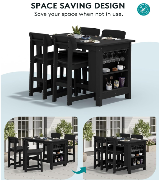 Outdoor Bar Table and Chairs Set, 5-Piece HDPE Counter Height Patio Dining Sets with Storage and Wine Rack, Rectangular High Top Bar Table with 4