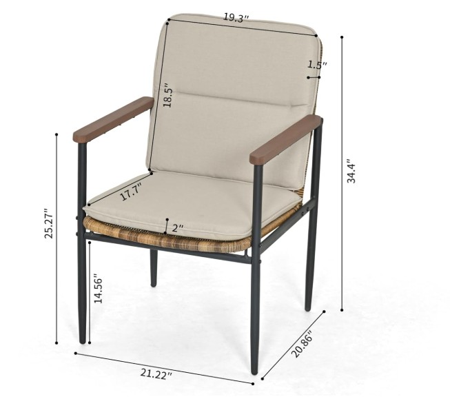 Aluminum Patio Dining Chairs Set of 2, All-Weather Woven Wicker Rattan Chair with Wooden Armrest