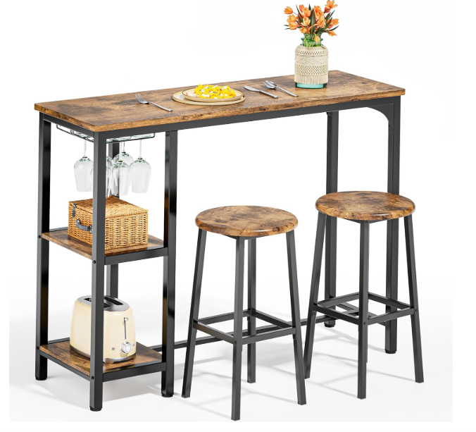 3-Piece Bar Table Set for 2, Bar Height Table with Stools & 2 Storage Shelves, Small Bar Table Set with Glass Rack