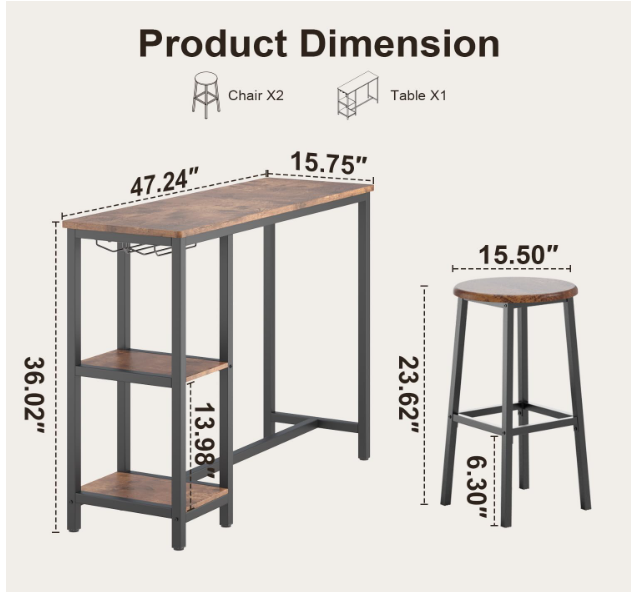 3-Piece Bar Table Set for 2, Bar Height Table with Stools & 2 Storage Shelves, Small Bar Table Set with Glass Rack