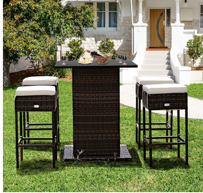 5 Piece Outdoor Rattan Bar Set, Patio Bar Furniture with 4 Cushions Stools and Smooth Top Table with Hidden Storage Shelf