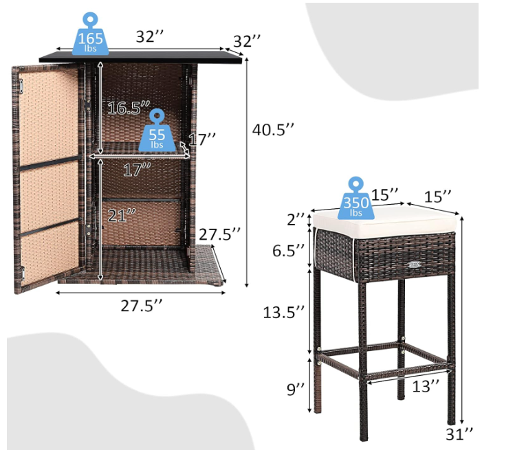 5 Piece Outdoor Rattan Bar Set, Patio Bar Furniture with 4 Cushions Stools and Smooth Top Table with Hidden Storage Shelf