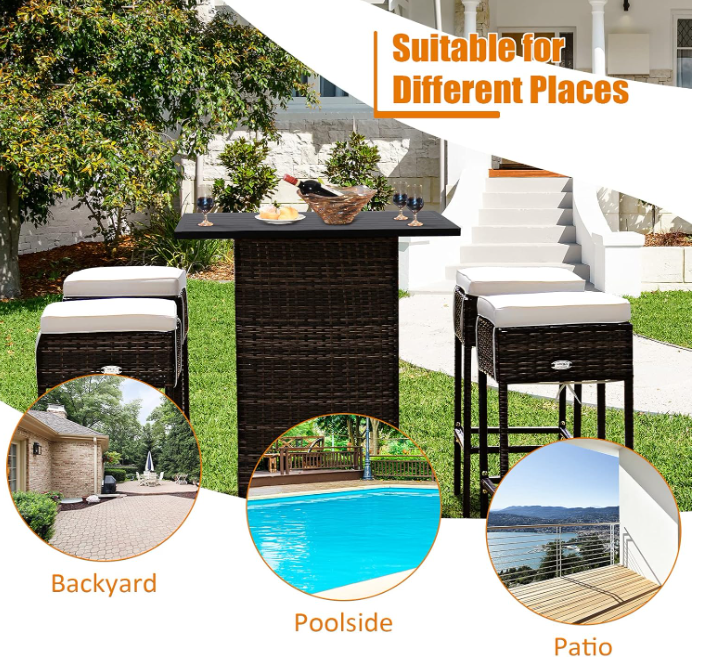 5 Piece Outdoor Rattan Bar Set, Patio Bar Furniture with 4 Cushions Stools and Smooth Top Table with Hidden Storage Shelf