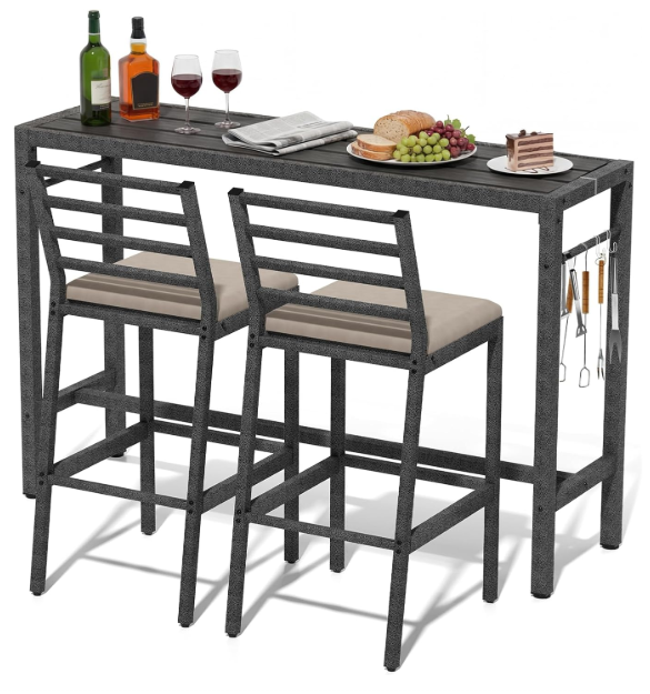 3Pcs Outdoor Patio Bar Set, 55" Rectangular High Top Table and Chairs Set with 2 Cushioned Bar Stools & Cover,Metal Pub Height Bistro Table Set for Balcony, Backyard