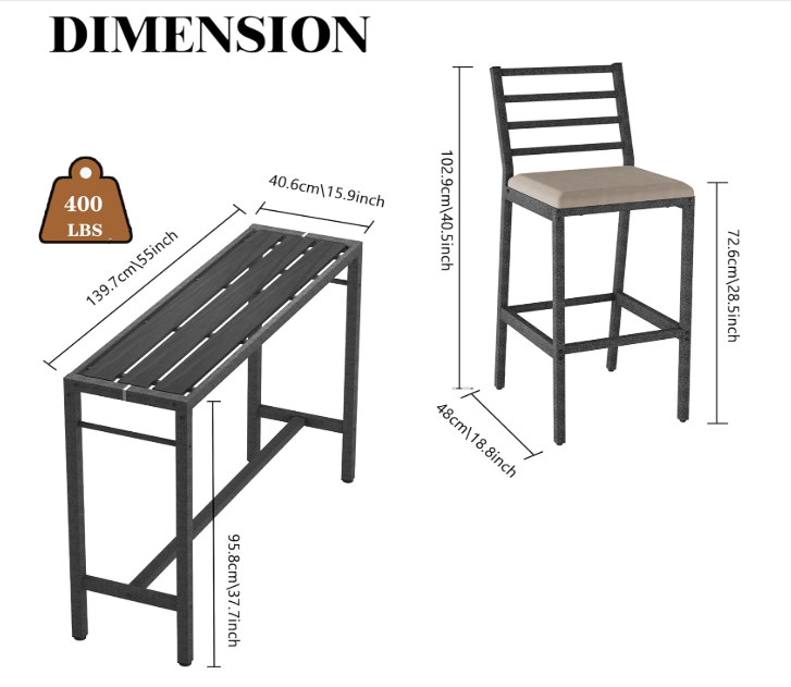 3Pcs Outdoor Patio Bar Set, 55" Rectangular High Top Table and Chairs Set with 2 Cushioned Bar Stools & Cover,Metal Pub Height Bistro Table Set for Balcony, Backyard