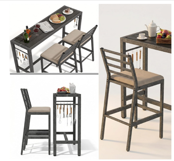 3Pcs Outdoor Patio Bar Set, 55" Rectangular High Top Table and Chairs Set with 2 Cushioned Bar Stools & Cover,Metal Pub Height Bistro Table Set for Balcony, Backyard