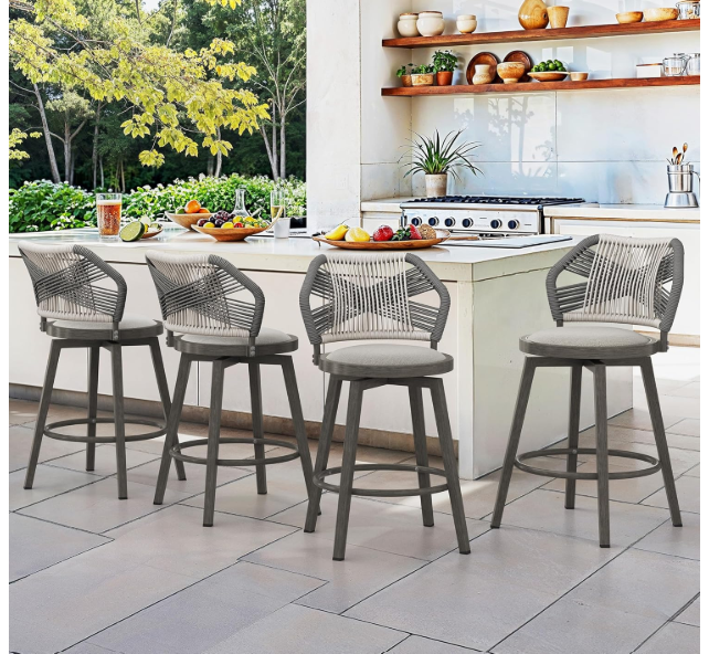 360° Swivel Outdoor Bar Stools Set of 4, Modern Aluminum Wicker Patio Chair with Olefin Rope Curved Backrest