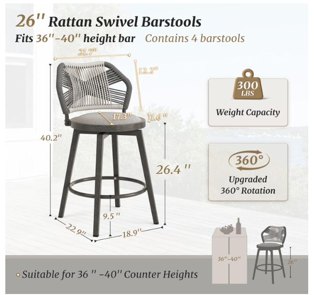360° Swivel Outdoor Bar Stools Set of 4, Modern Aluminum Wicker Patio Chair with Olefin Rope Curved Backrest