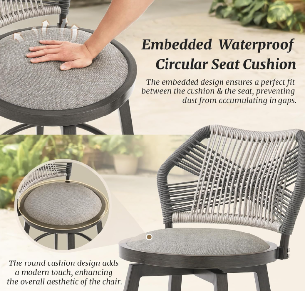 360° Swivel Outdoor Bar Stools Set of 4, Modern Aluminum Wicker Patio Chair with Olefin Rope Curved Backrest