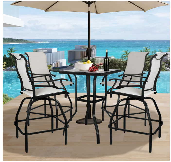 Patio Bar Set 5pcs Swivel Bar Stools Outdoor Bistro Textilene Furniture Stability All-Weather Set with Height Table