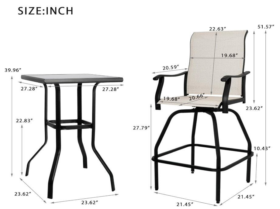 Patio Bar Set 5pcs Swivel Bar Stools Outdoor Bistro Textilene Furniture Stability All-Weather Set with Height Table
