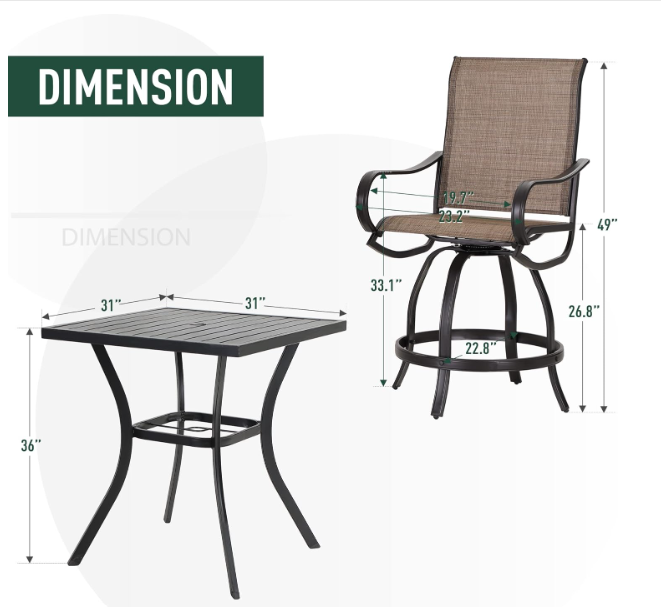  5 Piece Outdoor Bar Set, Counter Height Patio Bar Bistro Table and Swivel Bar Stools Chairs with All Weather Brown Textilene Fabric for Garden